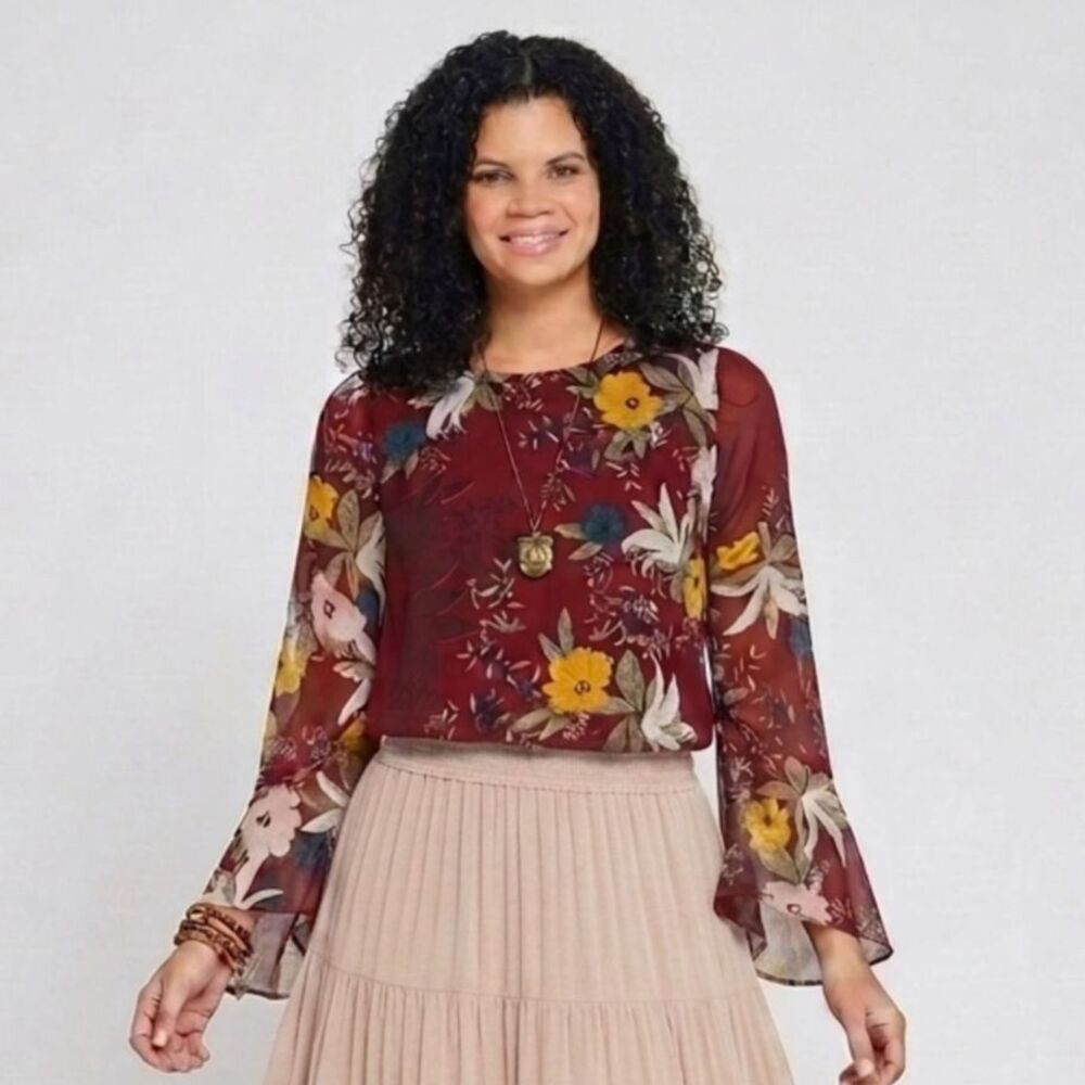 Vince Camuto Boho Flutter Sleeve Floral Blouse XXS Red Lightweight Romantic